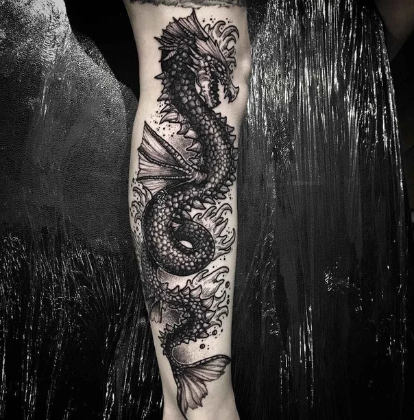 Blackwork Dragon, Sea creature tattoo on Forearm