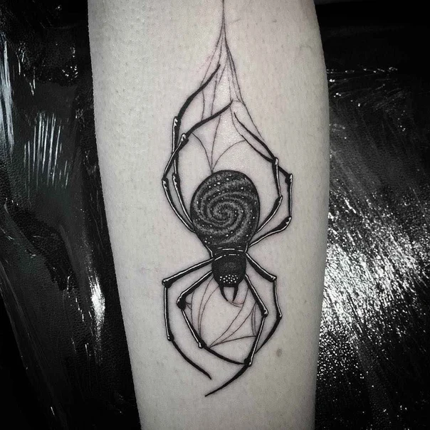 Blackwork Spider, Web tattoo on Calf