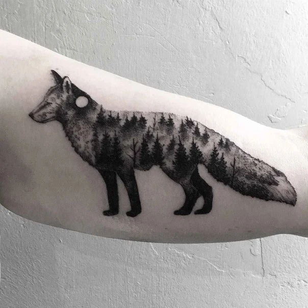 Blackwork Fox, Forest tattoo on Forearm