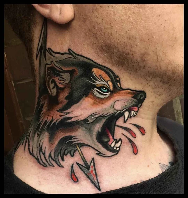 Neo Traditional Wolf, Arrow tattoo on Neck