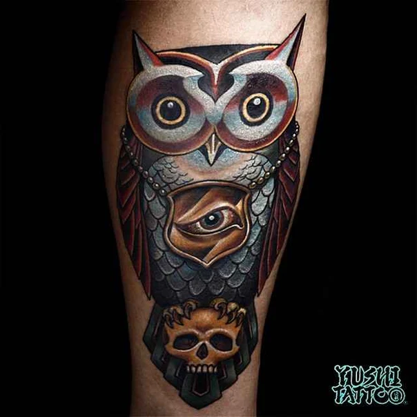 Neo Traditional Owl, Skull tattoo on Calf