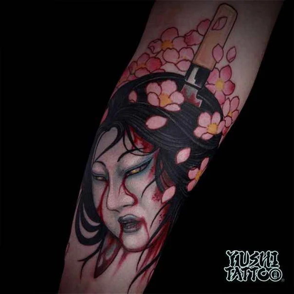 Japanese Geisha, Flowers tattoo on Forearm
