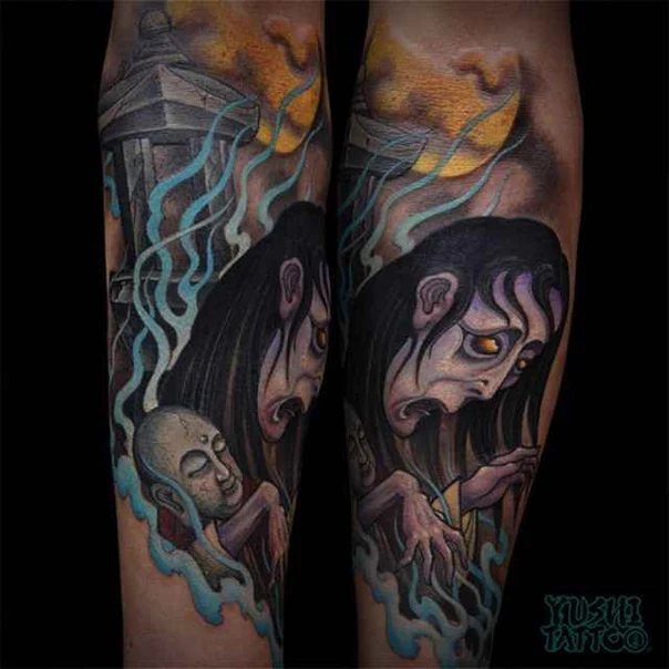 Japanese Demon, Buddha tattoo on Forearm