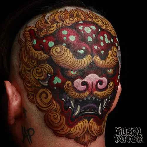 Japanese Lion tattoo on Back of neck