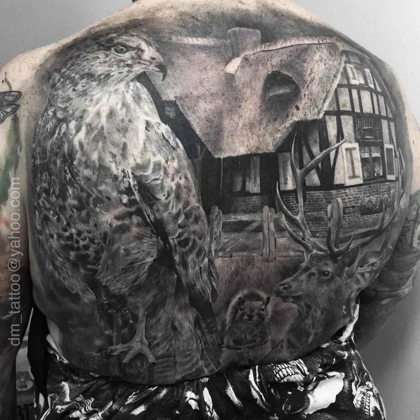 Realism Bird, Deer tattoo on Full Back