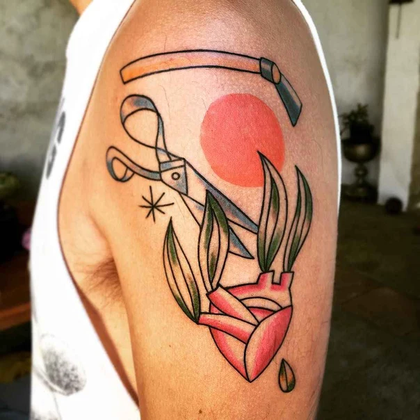 Neo Traditional Heart, Scissors tattoo on Upper Arm