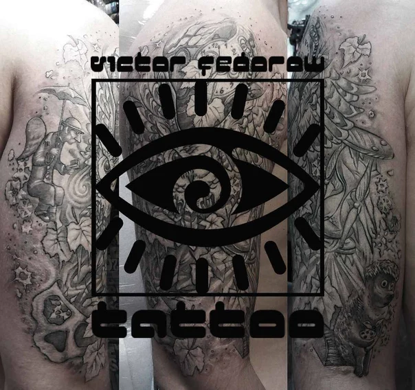 Чёрно-серая Eye, Leaves tattoo на Полный рукав