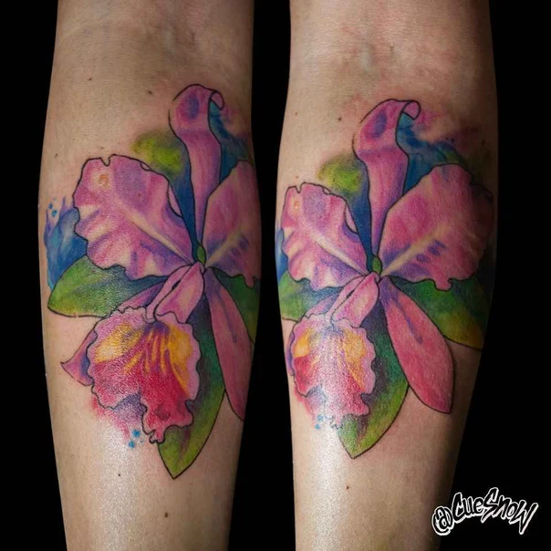 Watercolor Flower tattoo on Calf