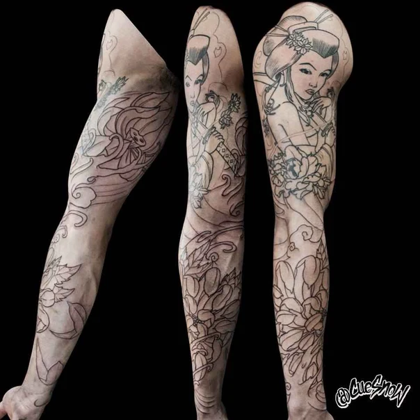 Japanese Geisha, Flowers tattoo on Full Sleeve