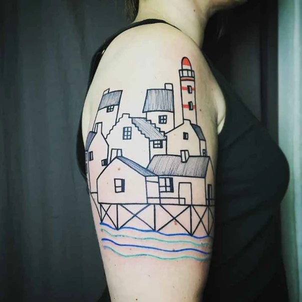 Sketch Buildings, Lighthouse tattoo on Shoulder