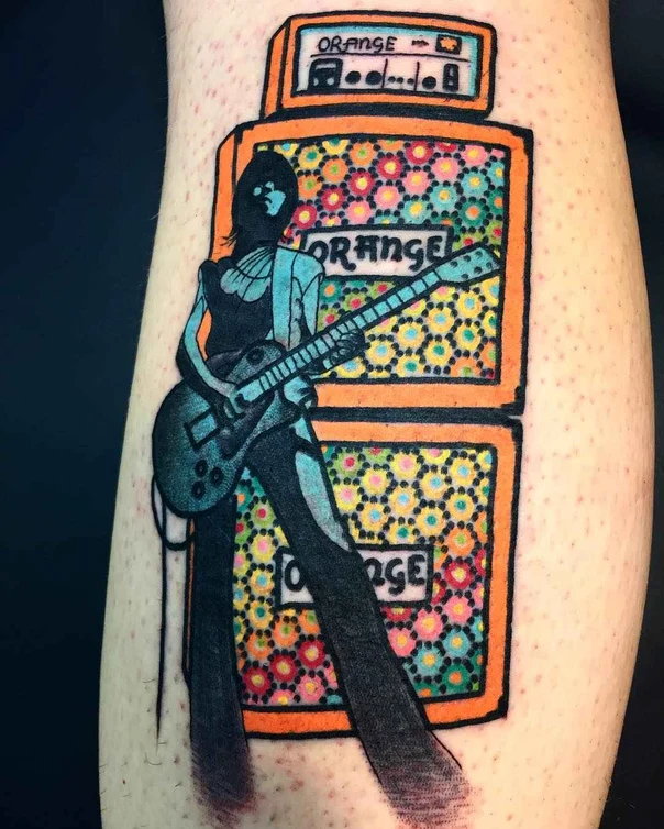 Illustrative Guitar, Amplifier tattoo on Calf