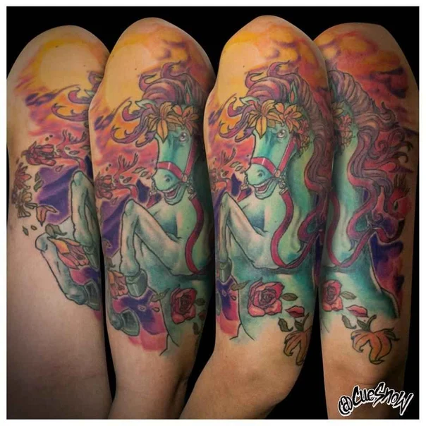 Illustrative Horse, Flowers tattoo on Full Sleeve
