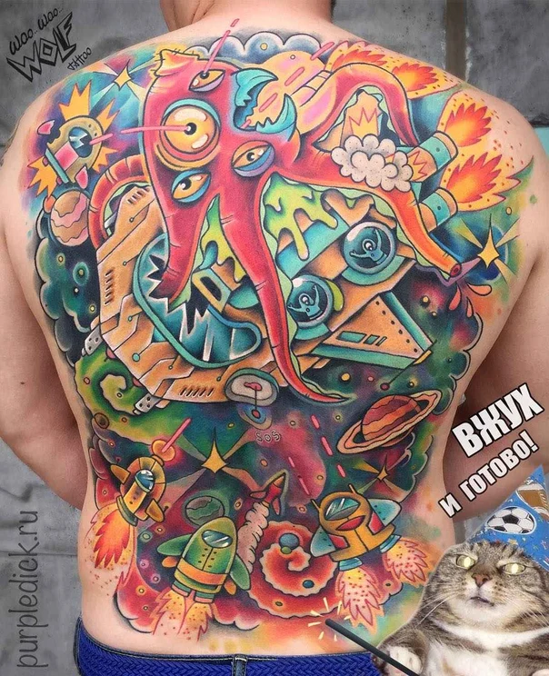 Нью-скул Space, Octopus tattoo на Спина (полная)