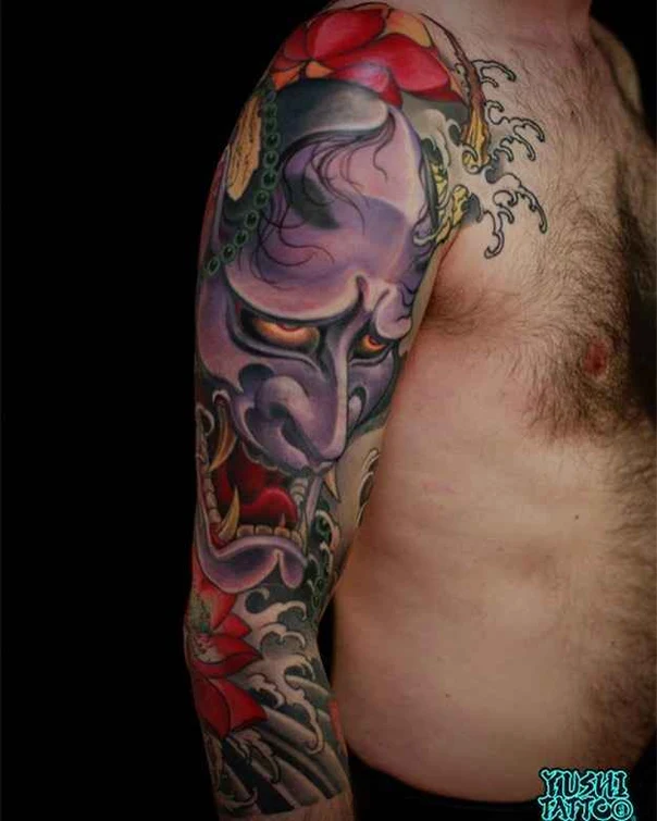 Japanese Oni, Waves tattoo on Full Sleeve