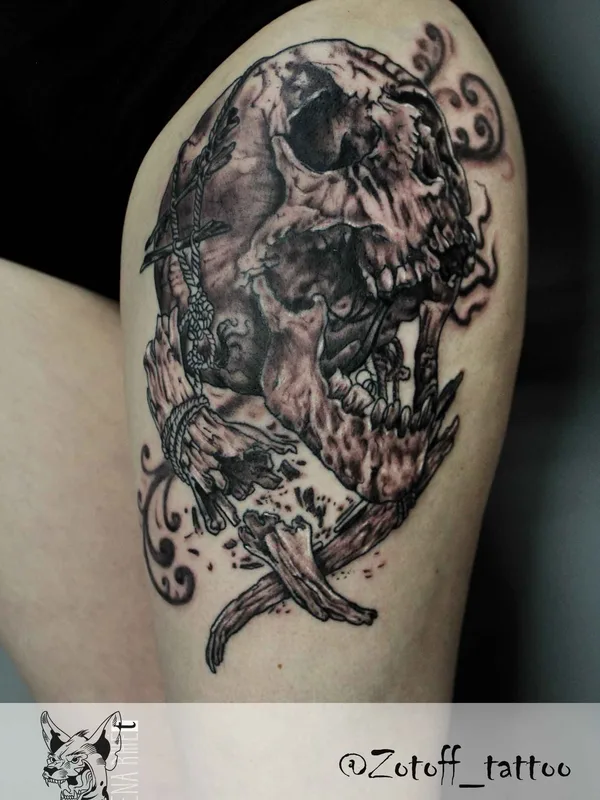 black and grey black and grey tattoo on thigh #16236 | Tattoo Artist zotoff_tattoo