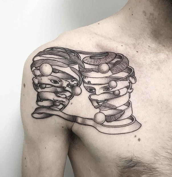 Surrealism Faces, Abstract tattoo on Shoulder