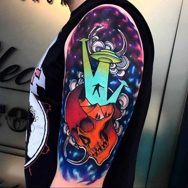 Illustrative Skull, Ufo tattoo on Full Sleeve