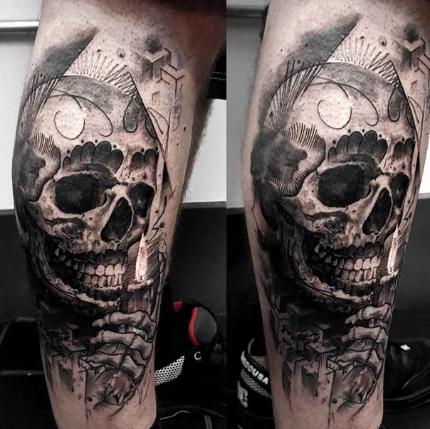 Black & Grey Skull, Candle tattoo on Calf