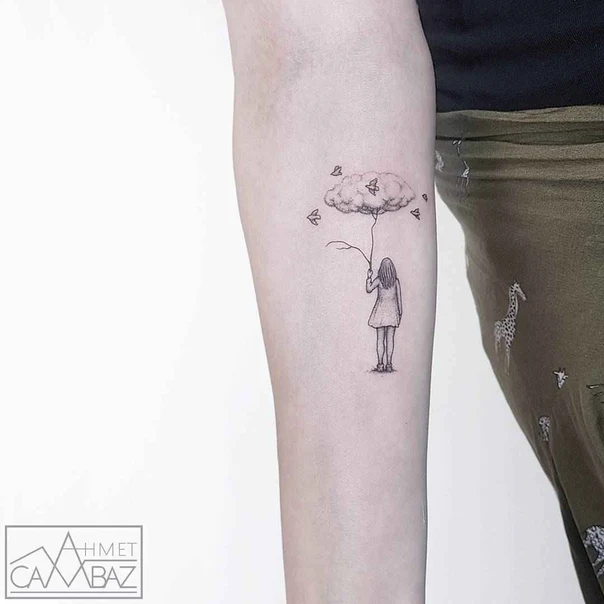 Fineline Cloud, Girl tattoo on Forearm