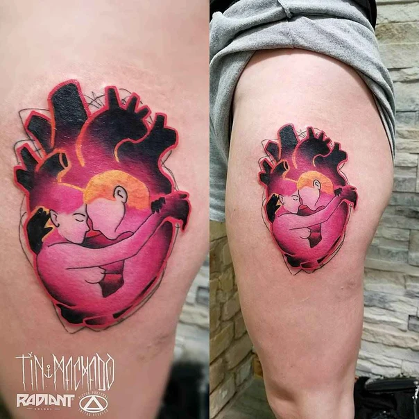 Illustrative Heart, Couple tattoo on Thigh