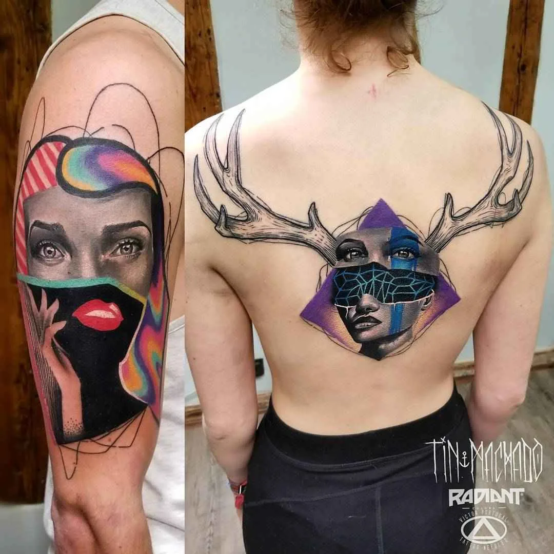 Artista del tatuaggio Tin Machado color authors tatuaggio surreale con elementi di ritratto realistico | Buenos Aires, Argentina