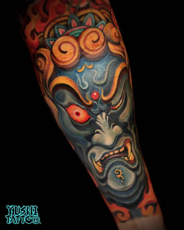Japanese Demon, Mask tattoo on Forearm
