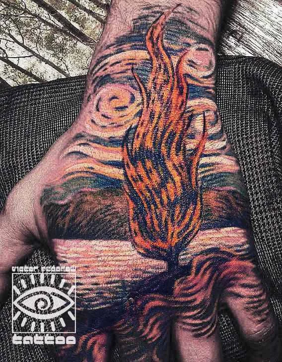 Иллюстративная Fire, Landscape tattoo на Hand