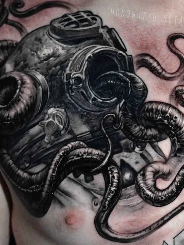 male black and grey biomechanical Tatuaggio su chest #15863 | Tatuatore Hokowhitu Sciascia