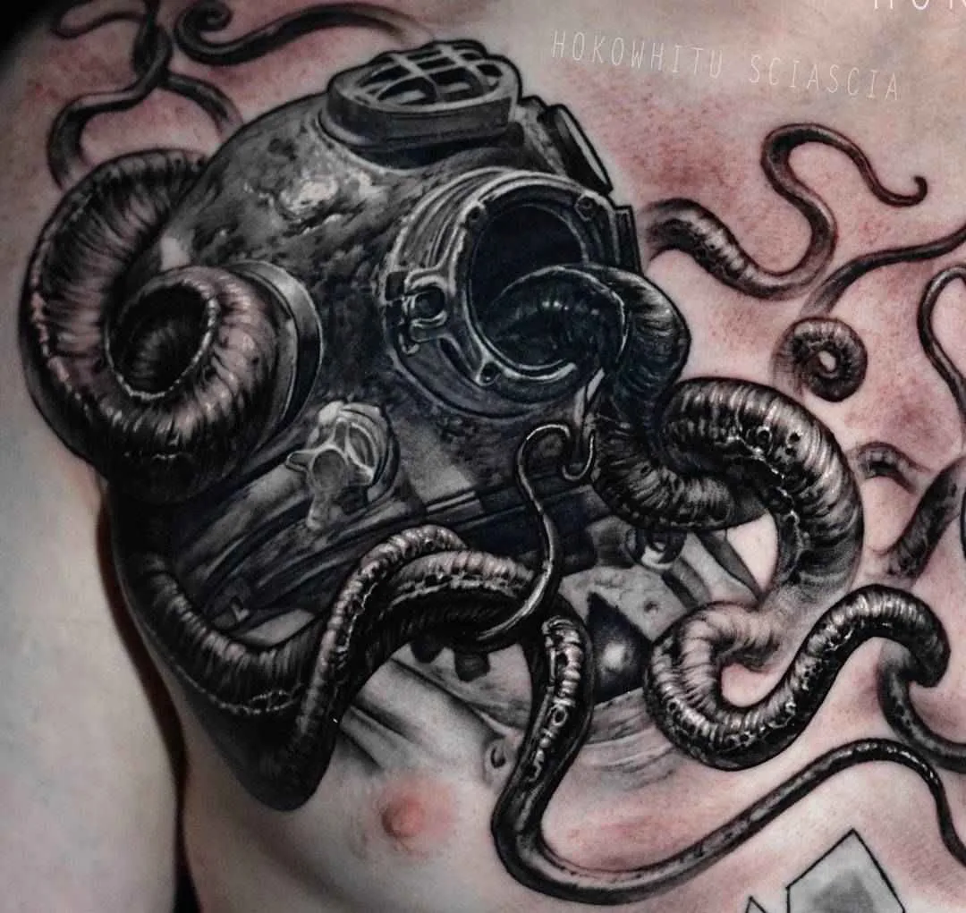 Tattoo artista Hokowhitu Sciascia nero&grigio stile autore horror tattoo | Melbourne, Australia
