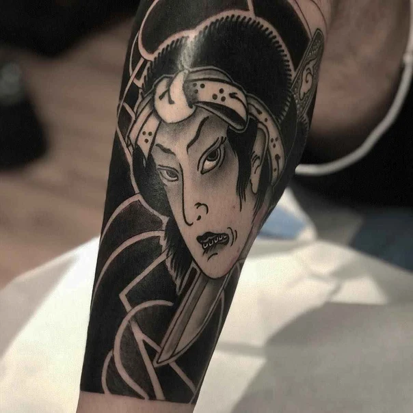 Japanese Geisha, Knife tattoo on Forearm