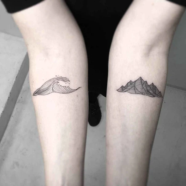 Linework Wave, Mountain tattoo on Thigh