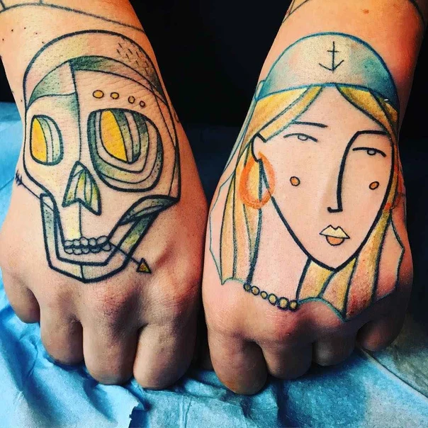 Illustrative Skull, Portrait tattoo on Back of Hand