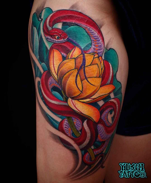 Japanese Snake, Flower tattoo on Thigh
