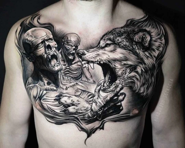 Realism Wolf, Zombie tattoo on Chest