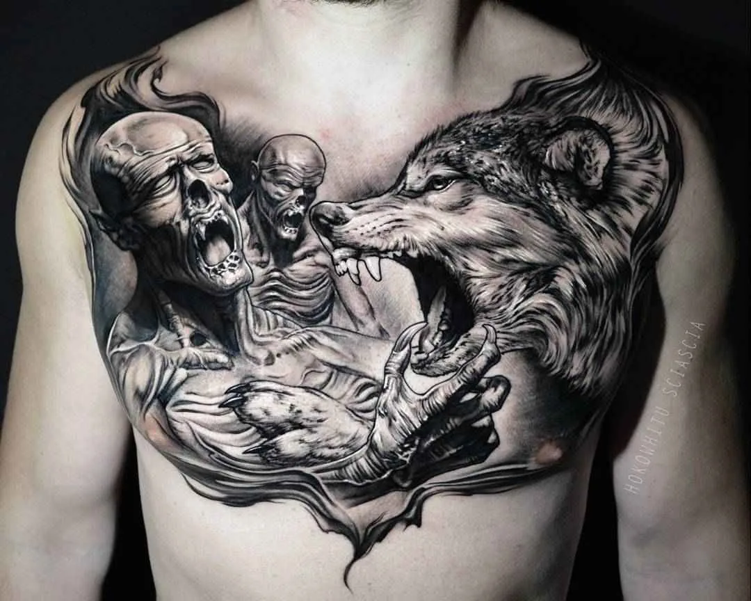 Tattoo artista Hokowhitu Sciascia nero&grigio stile autore horror tattoo | Melbourne, Australia