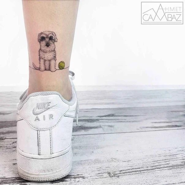Fineline Dog, Ball tattoo on Ankle