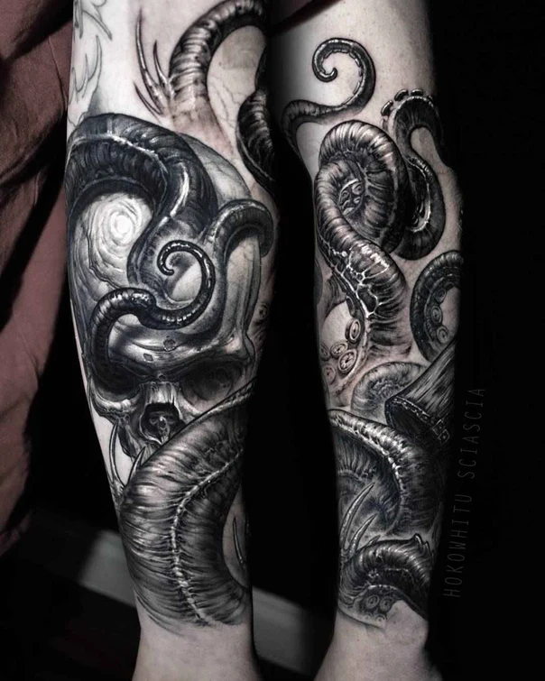 Black & Grey Skull, Tentacles tattoo on Full Sleeve