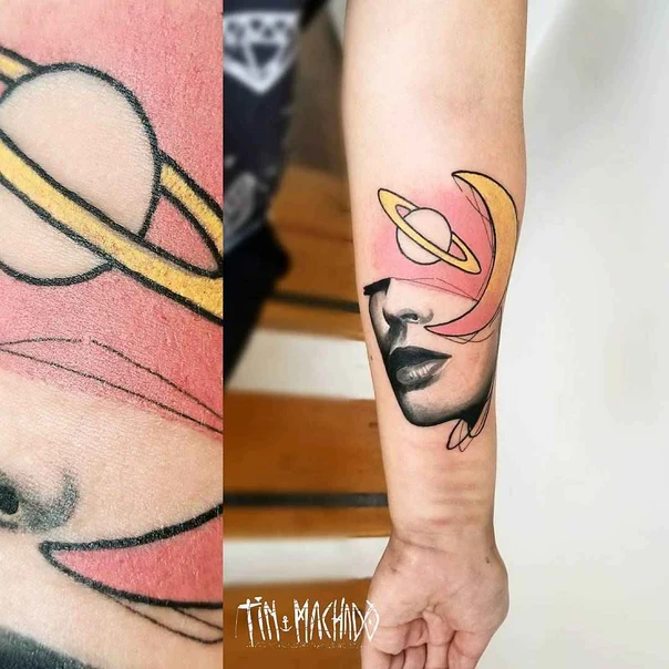 Illustrative Face, Planet tattoo on Forearm