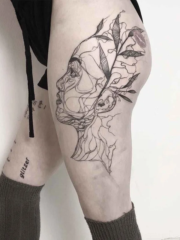 female black and grey linework tattoo on thigh #16292 | Tattoo Artist Iosep