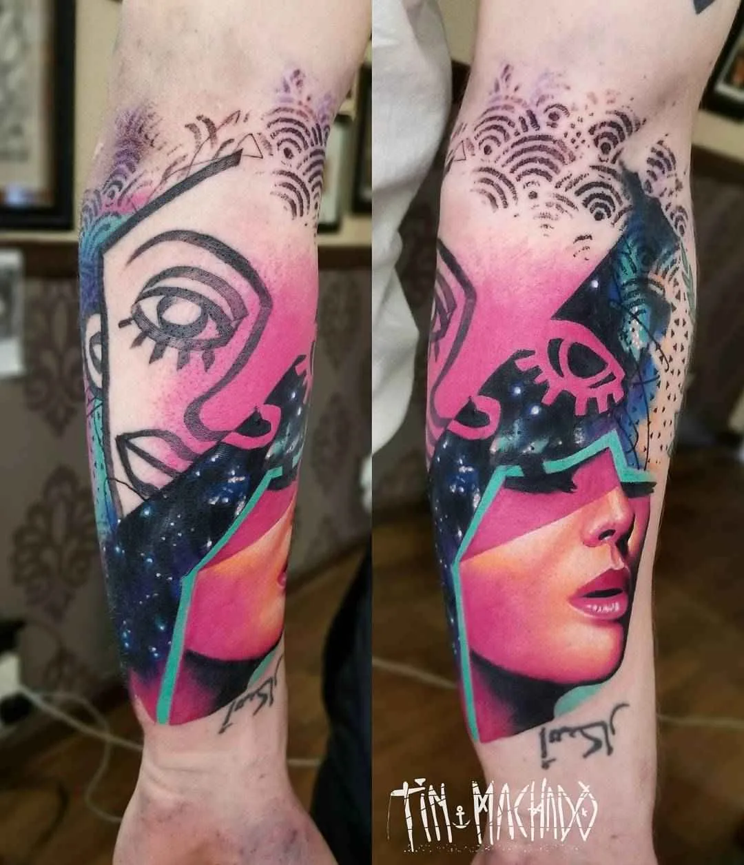 Artista del tatuaggio Tin Machado color authors tatuaggio surreale con elementi di ritratto realistico | Buenos Aires, Argentina