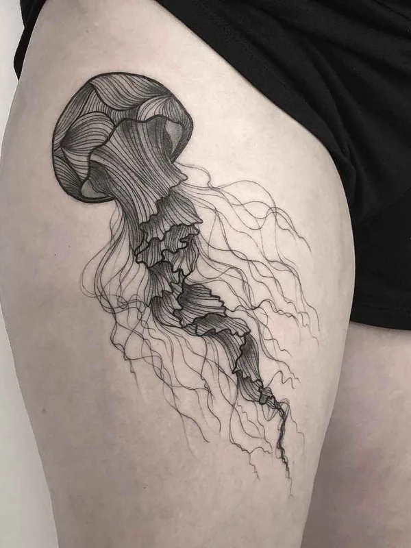 black and grey linework tattoo on thigh #16301 | Tattoo Artist Iosep
