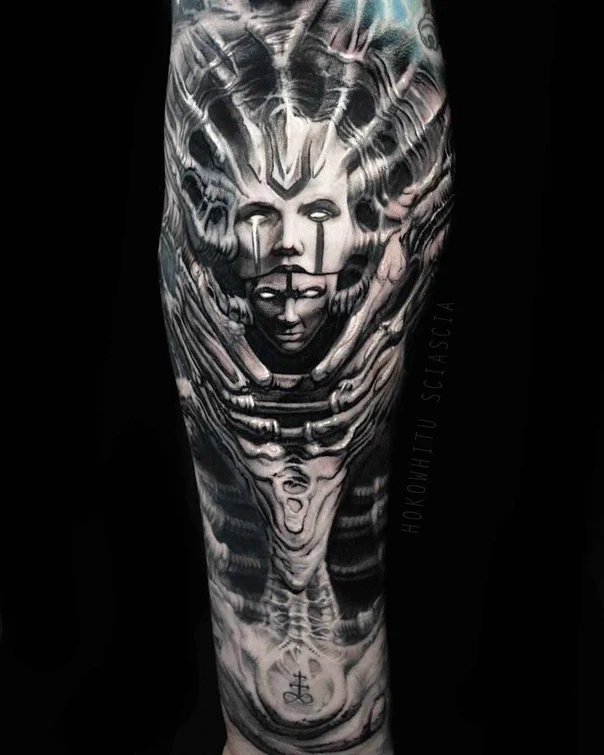 Biomechanical Face, Abstract tattoo on Forearm
