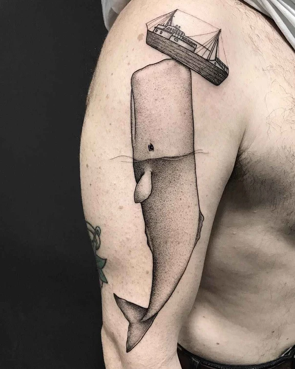 Blackwork Whale, Ship tattoo on Shoulder