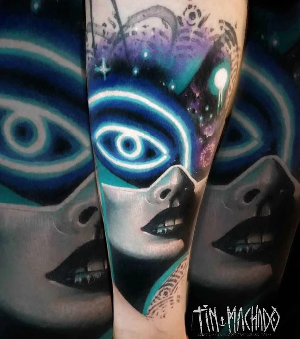 Surrealism Eye, Face tattoo on Forearm