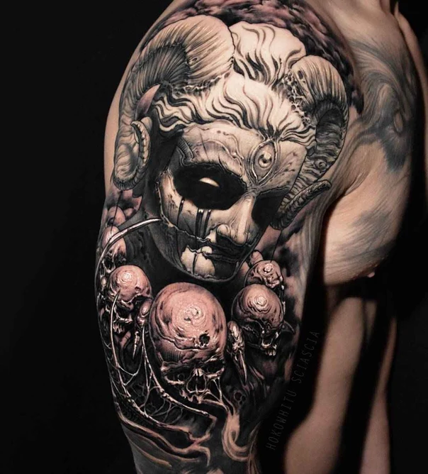 Black & Grey Skull, Demon tattoo on Shoulder