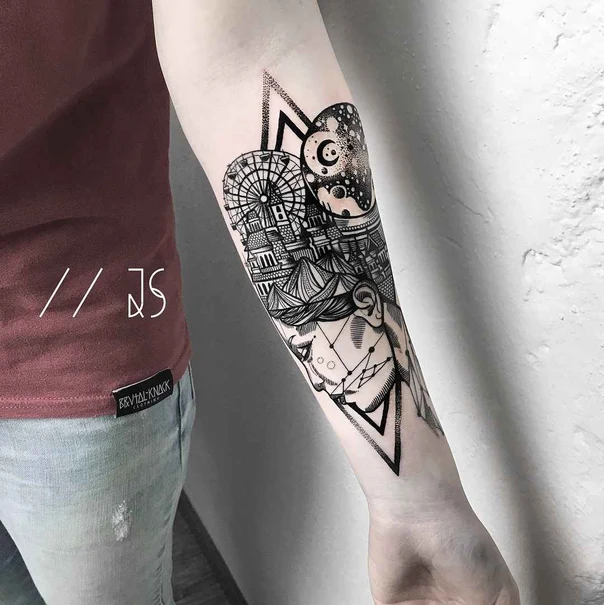 Geometric Ferris wheel, Moon tattoo on Forearm