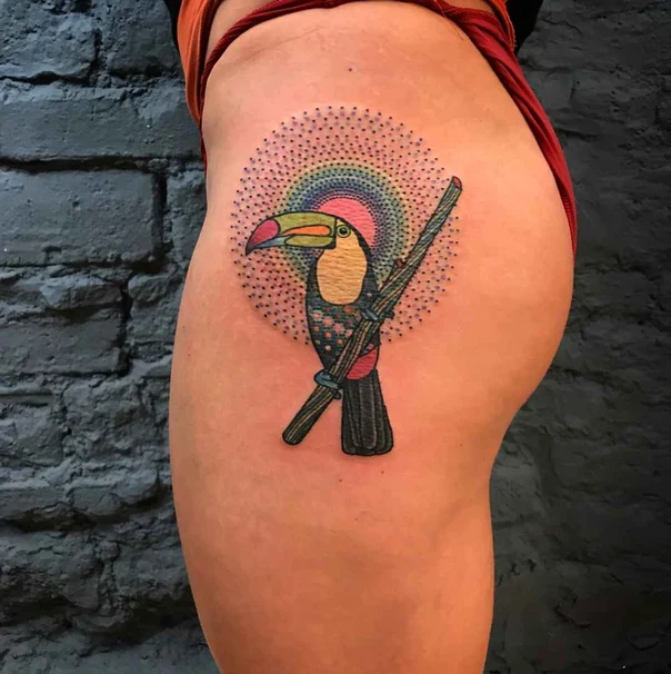 Illustrative Bird tattoo on Thigh