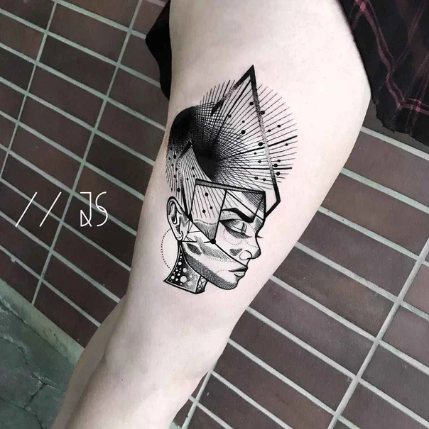 Geometric Face, Geometric tattoo on Thigh