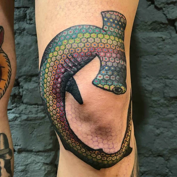 Geometric Hammerhead shark tattoo on Knee