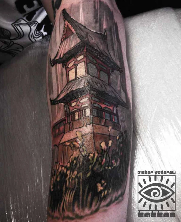 Японская Pagoda, Landscape tattoo на Предплечье